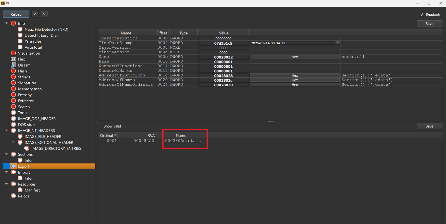 View of the sample&rsquo;s Exports in Detect-It-Easy